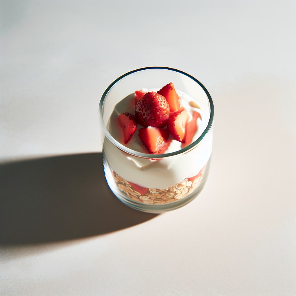 Copa de crema de ricota con frutillas y crocante de avena