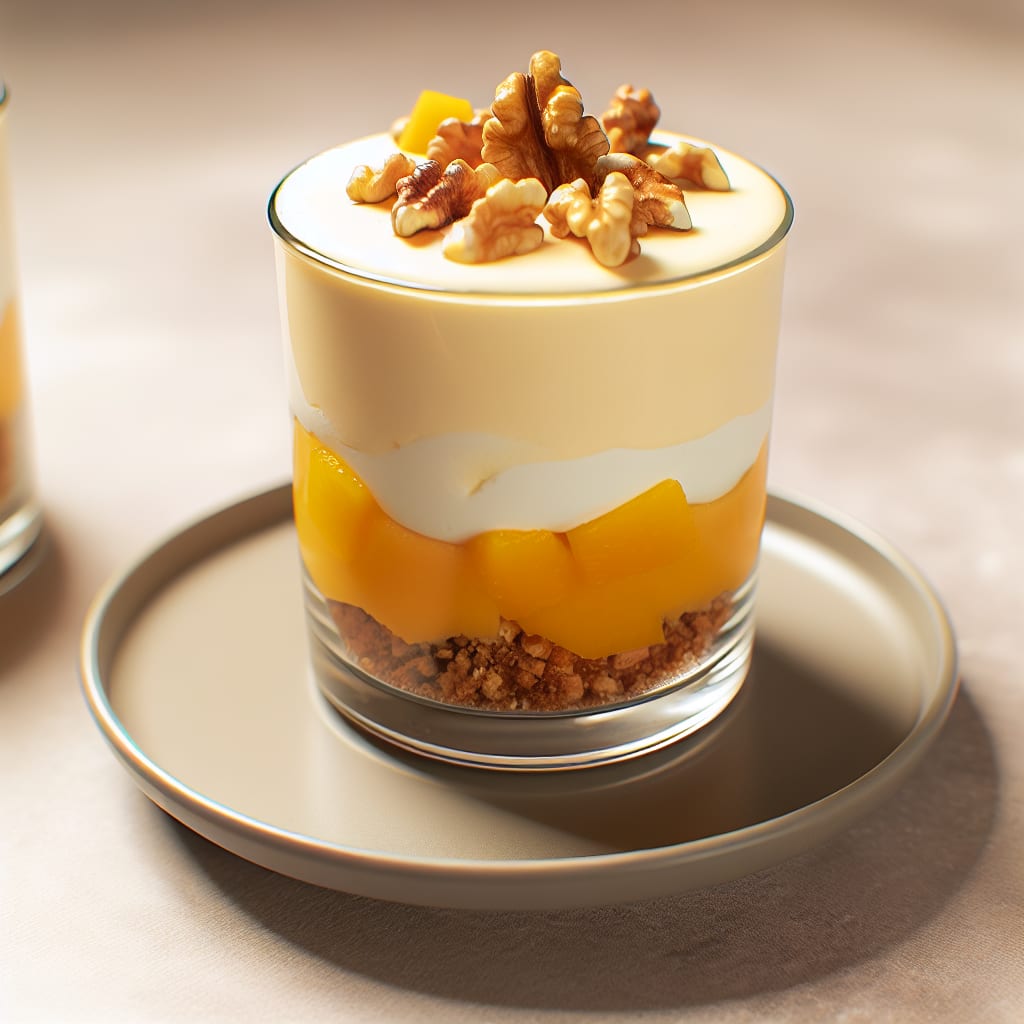 Copa de mousse de yogur y mango con crocante de nuez