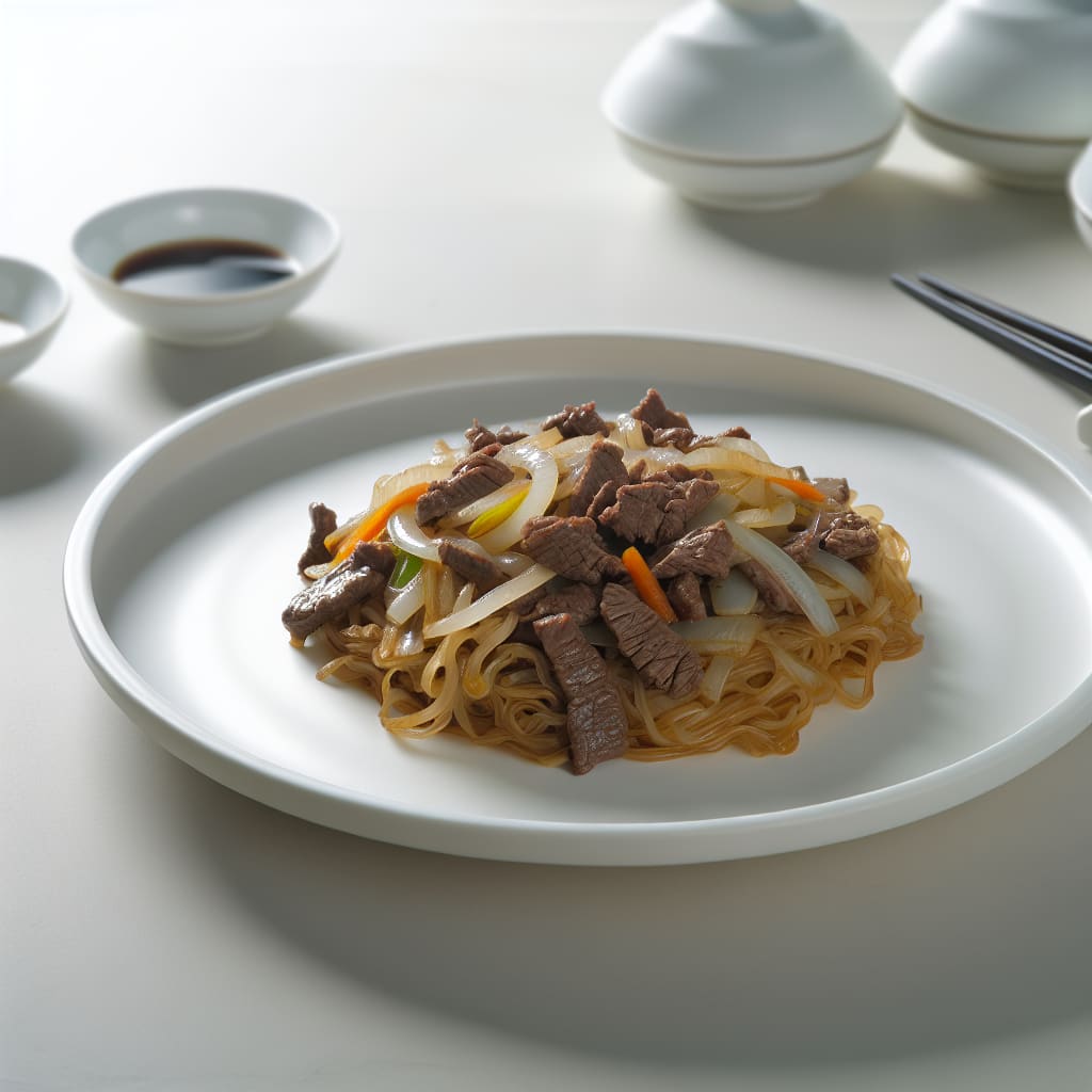 Salteado de Carne y Cebolla con Fideos