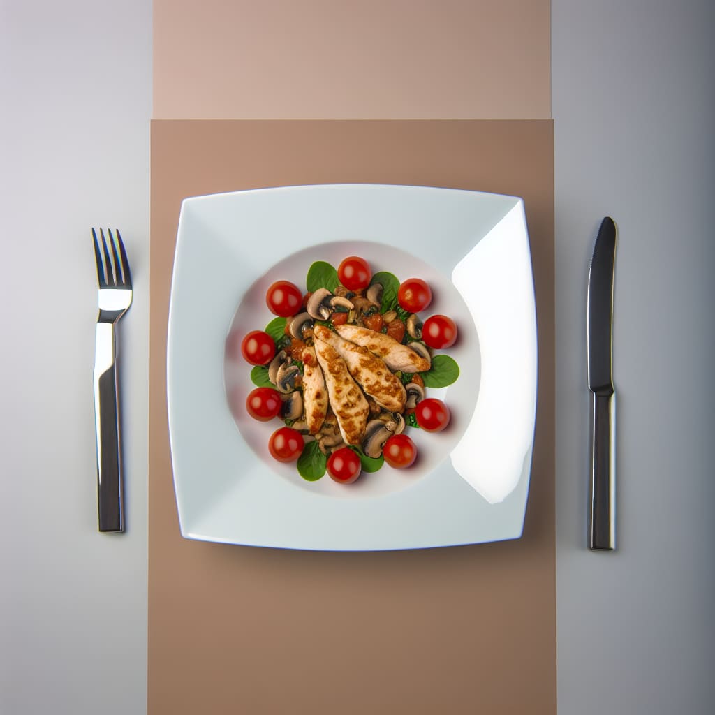 Pollo salteado con tomates cherry y champiñones