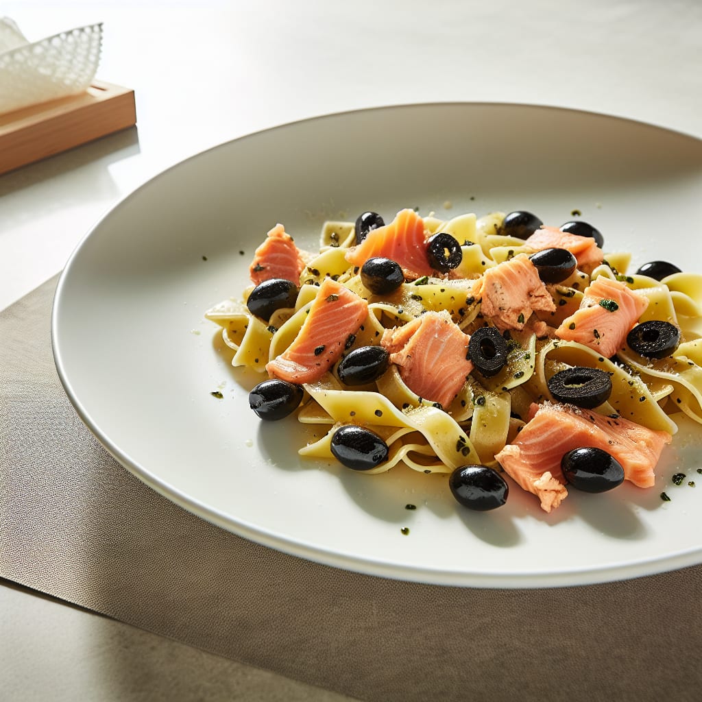 Pasta con salmón y olivas negras