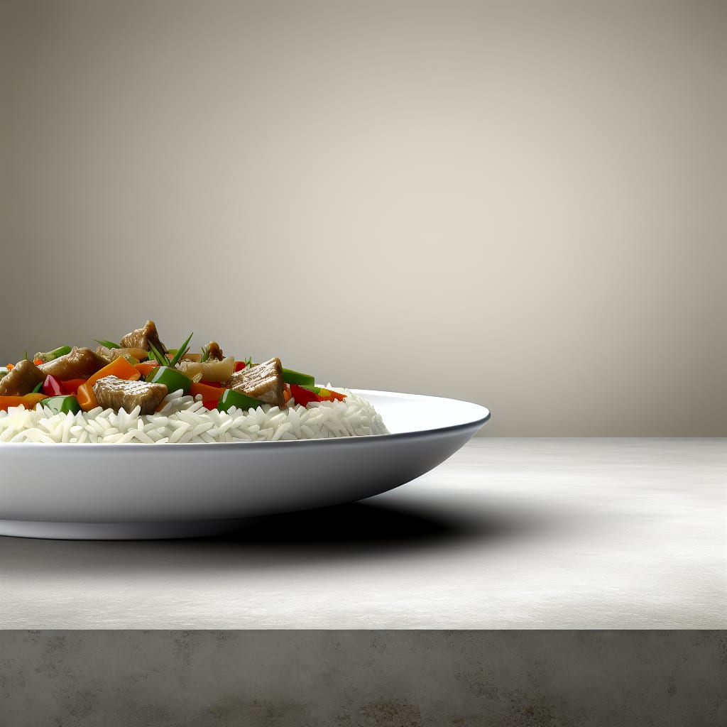 Arroz con carne y vegetales salteados