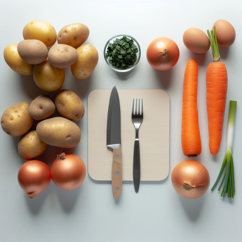 Ingredientes simples como papas, cebollas, zanahorias, huevos y verdeo, vistos desde arriba sobre una superficie de cocina.