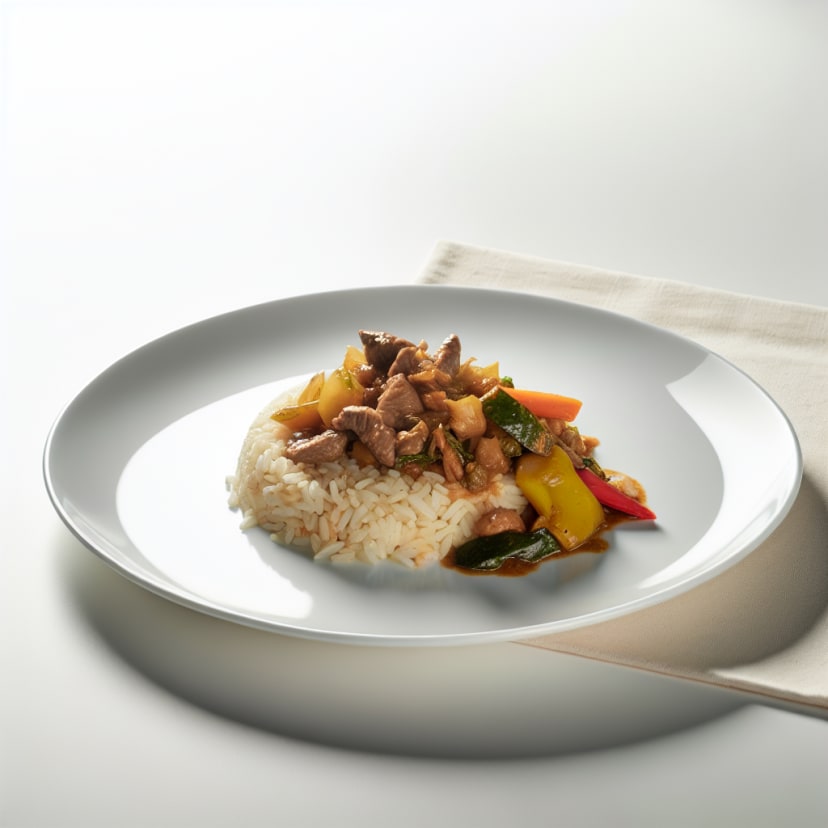 Salteado de Carne con Arroz y Vegetales