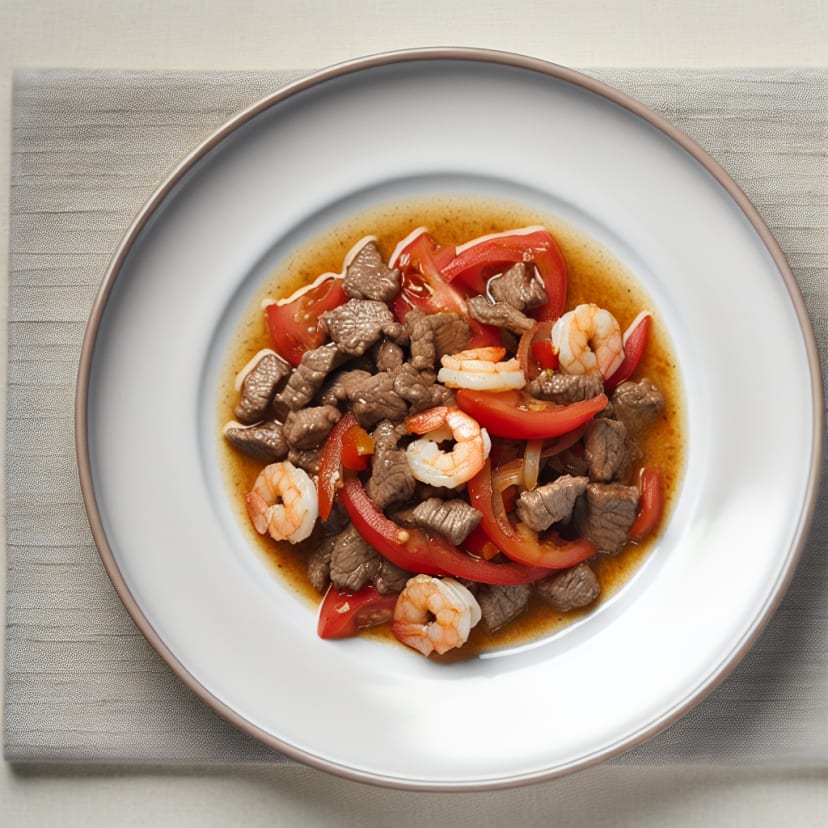 Salteado de Carne y Camarones con Tomate