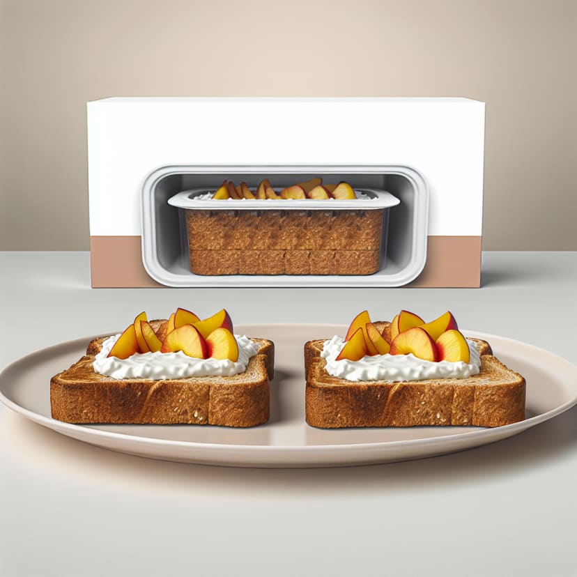 Tostadas dulces de pan integral con duraznos y queso crema