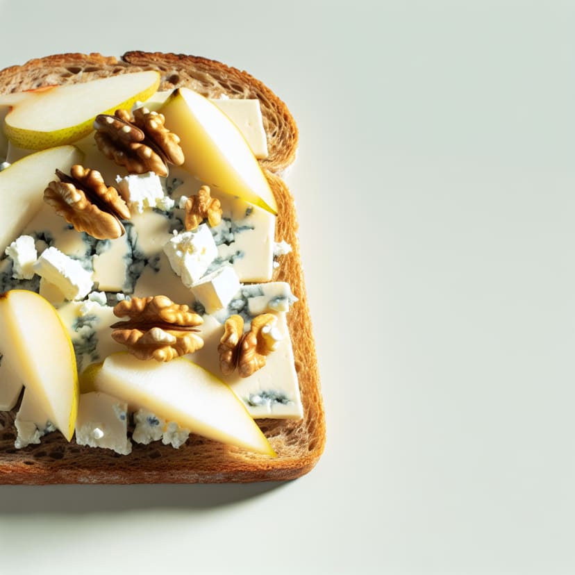 Tostaditas de pan integral con queso azul, peras y nueces