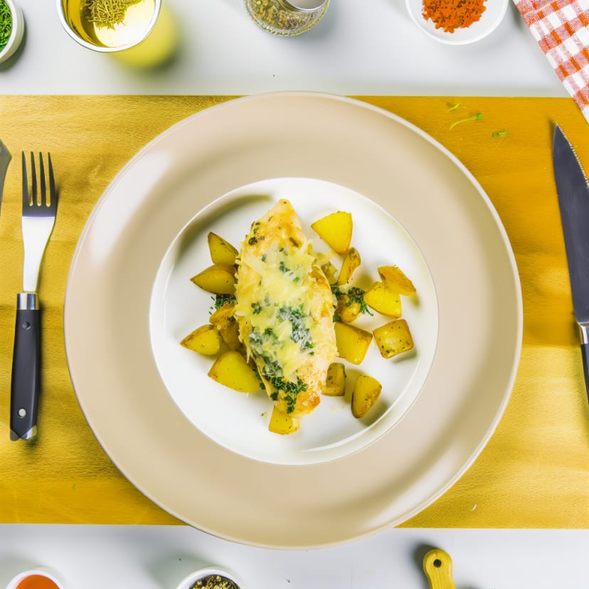 Pollo al Parmesano con Papas y Hierbas