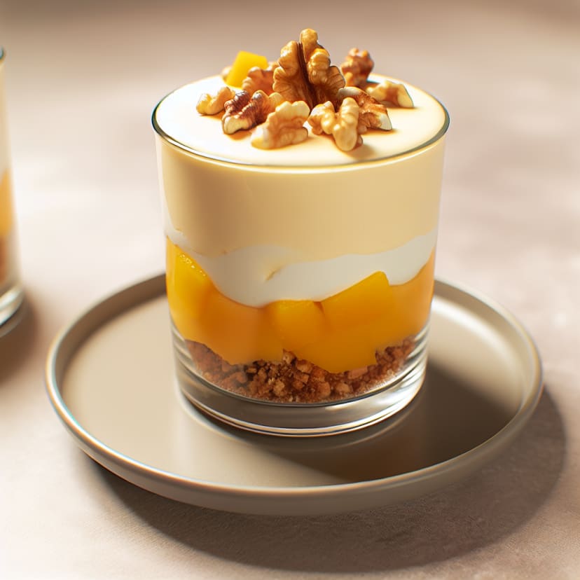 Copa de mousse de yogur y mango con crocante de nuez