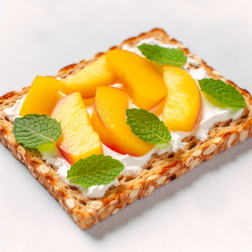 Tostadas crocantes de pan integral con queso crema, duraznos y menta