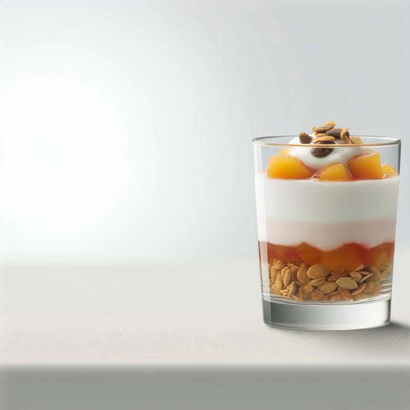 Copa de yogur con compota de duraznos y crocante de semillas