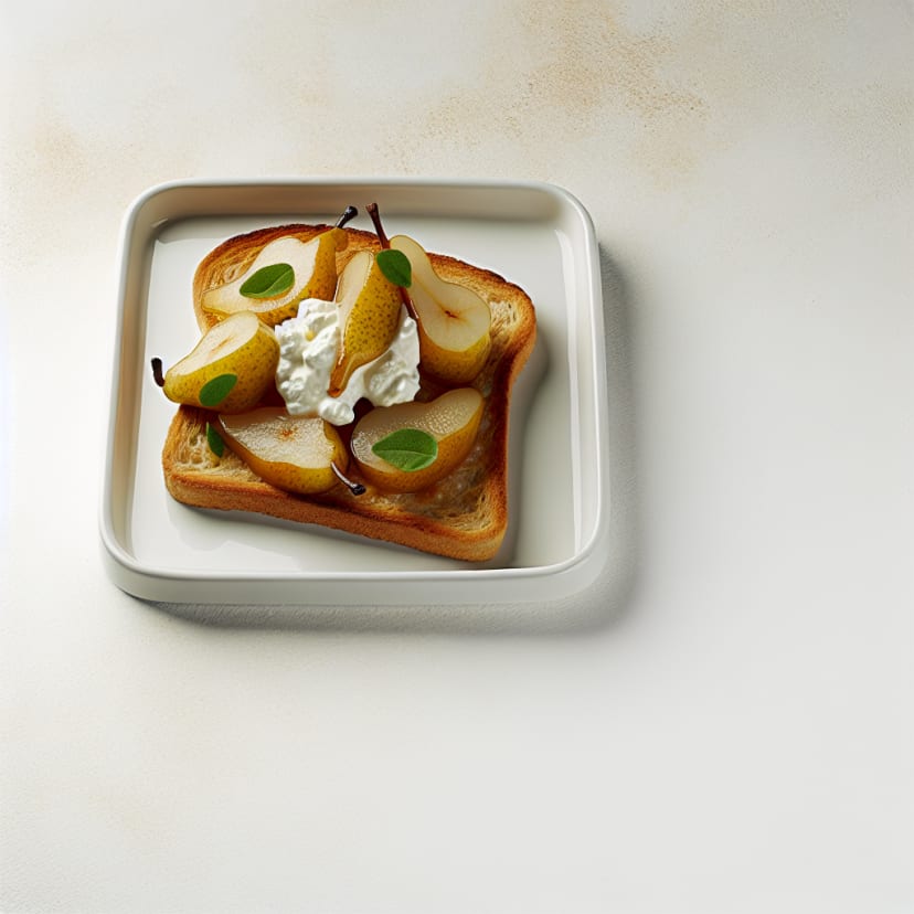 Tostadas dulces de pan integral con peras salteadas y crema de ricota