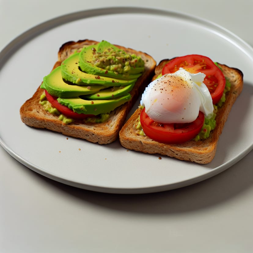 Tostadas saladas de pan integral con palta, huevo poché y tomate