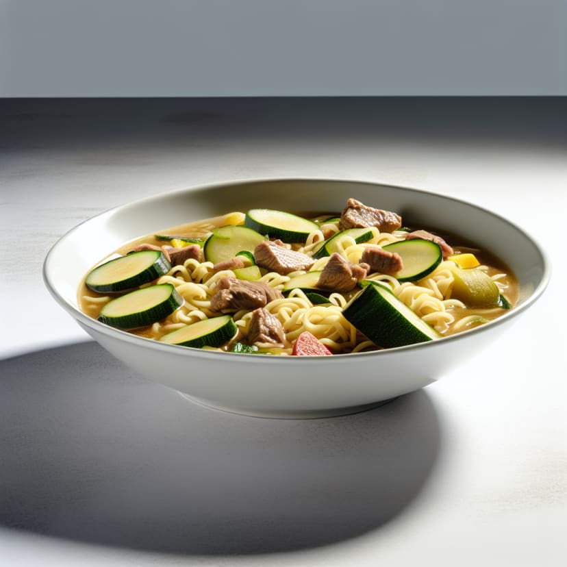 Guiso de fideos con carne y zuquini