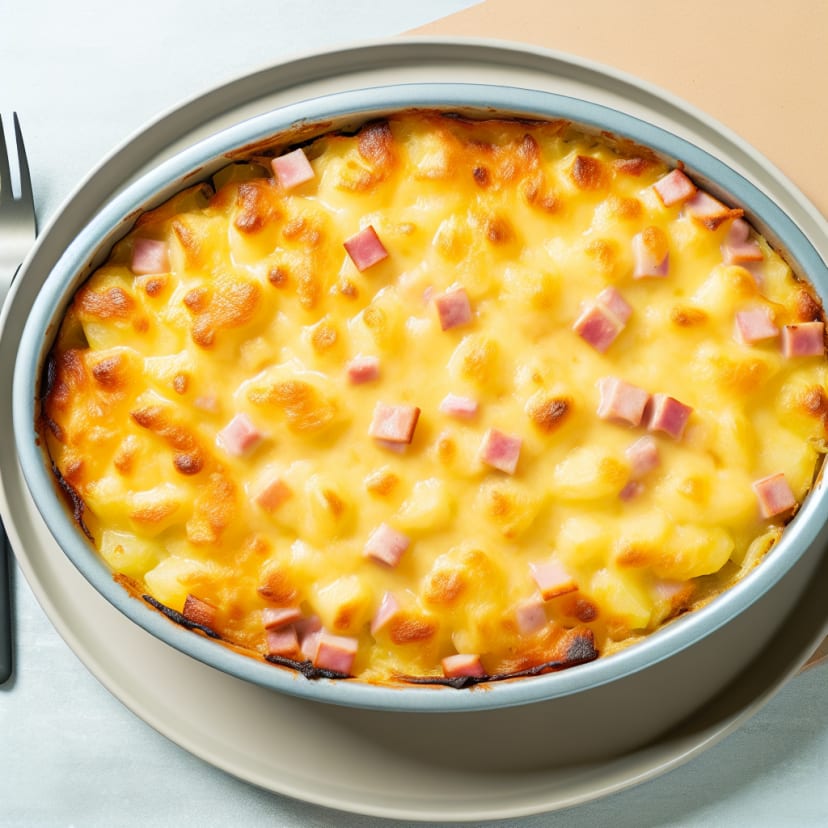 Gratinado de papas con jamón y queso