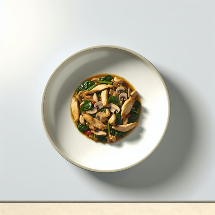 Salteado de pollo con champiñones y espinacas