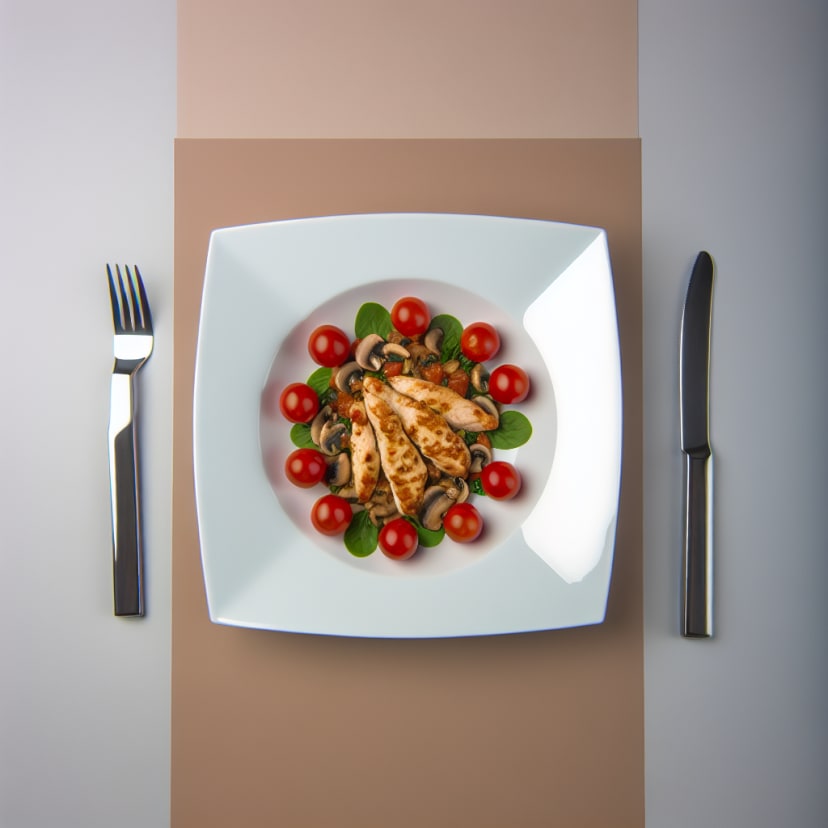 Pollo salteado con tomates cherry y champiñones