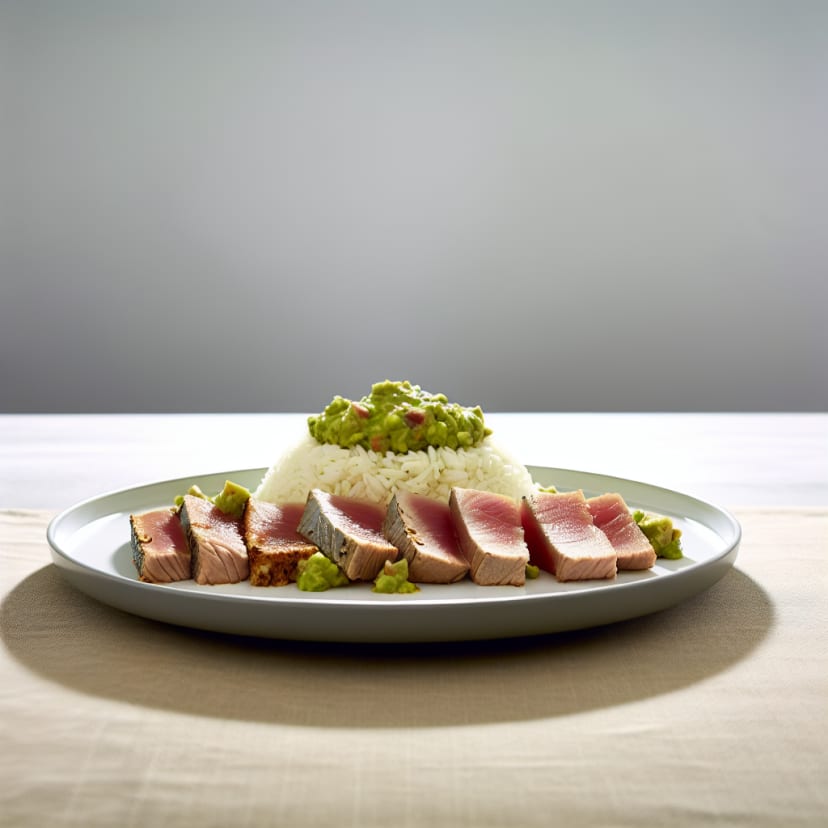 Atún sellado con arroz y guacamole