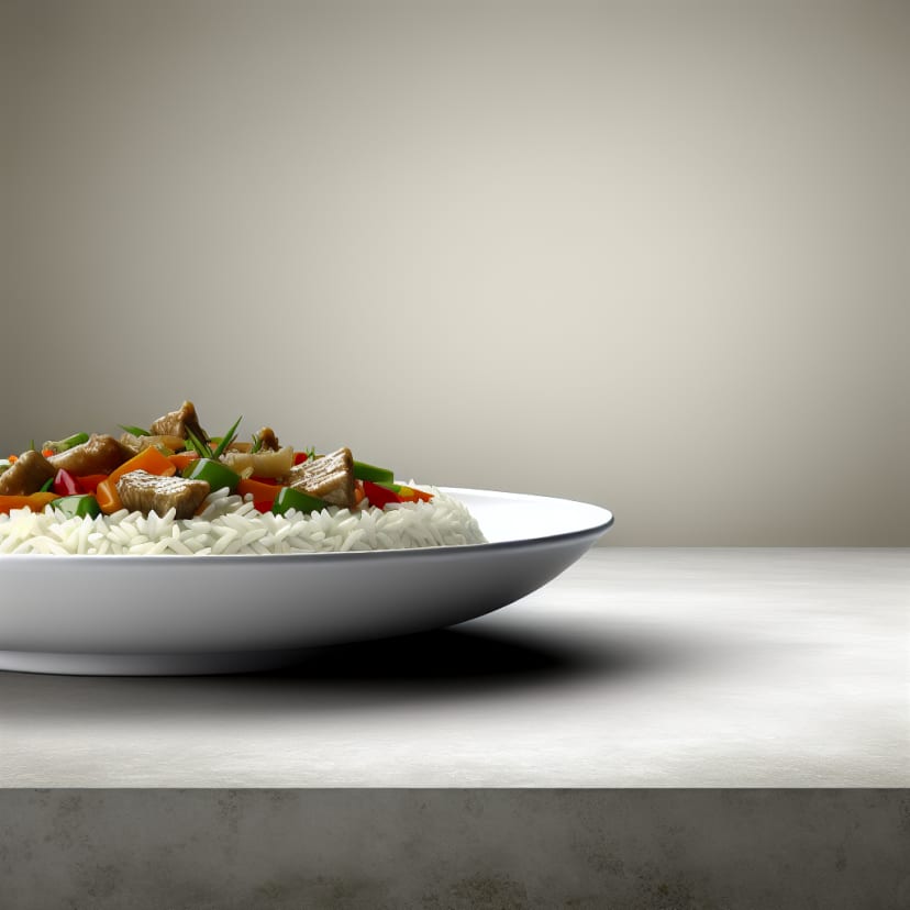 Arroz con carne y vegetales salteados