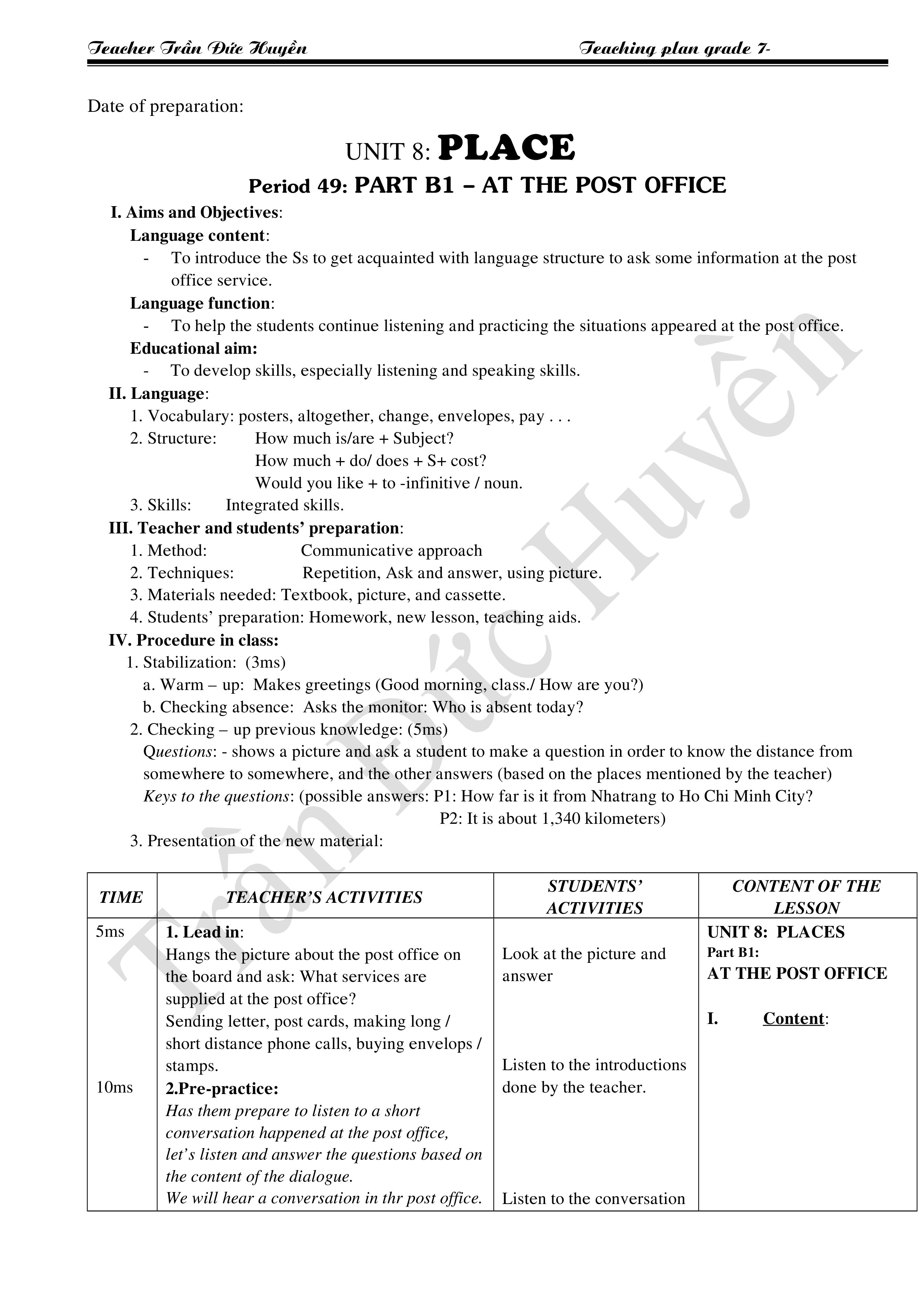 date of preparation teacher traàn ñöùc huyeàn teaching plan grade 7 date of preparation unit 8 place
