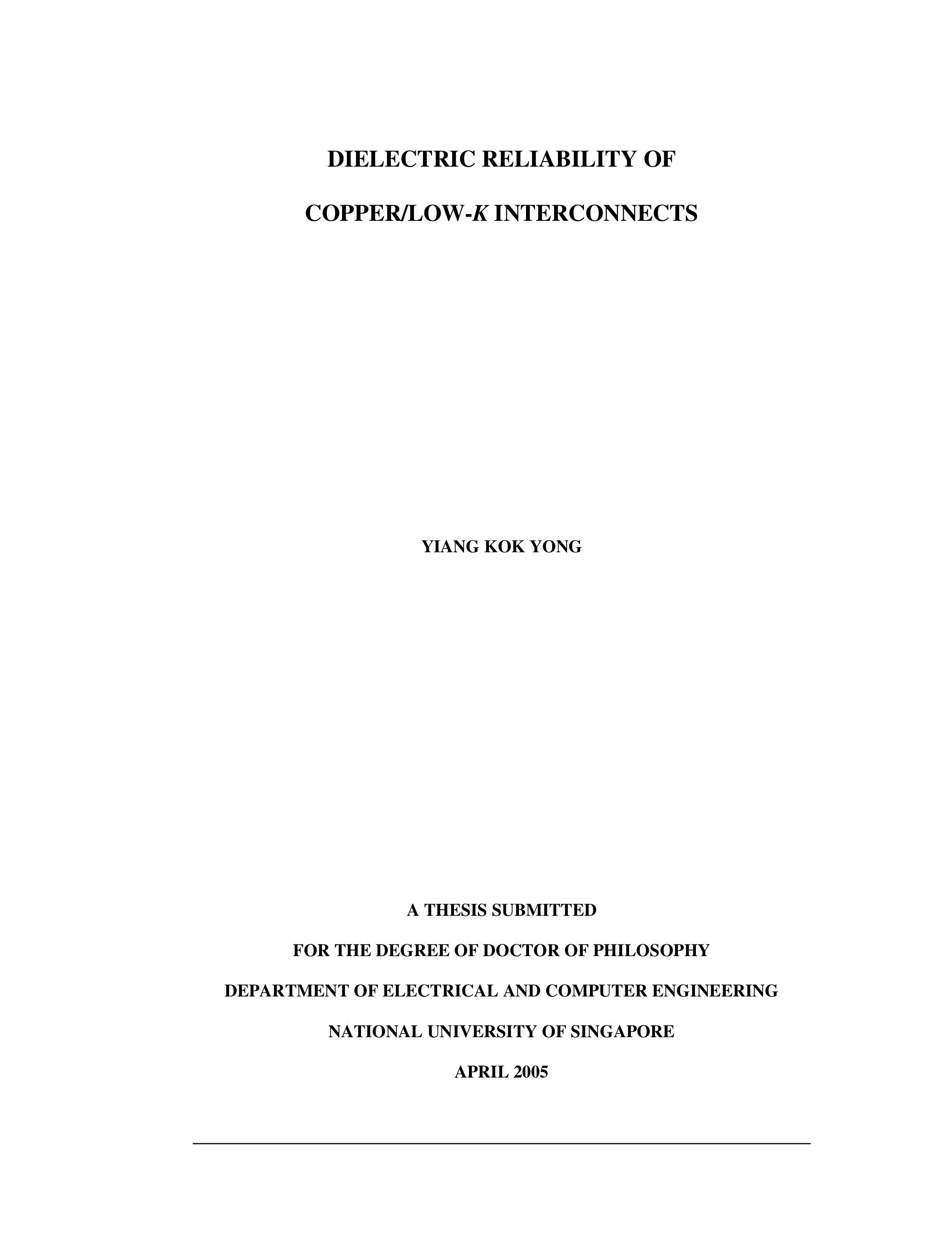 Dielectric reliability of copper low k interconnects