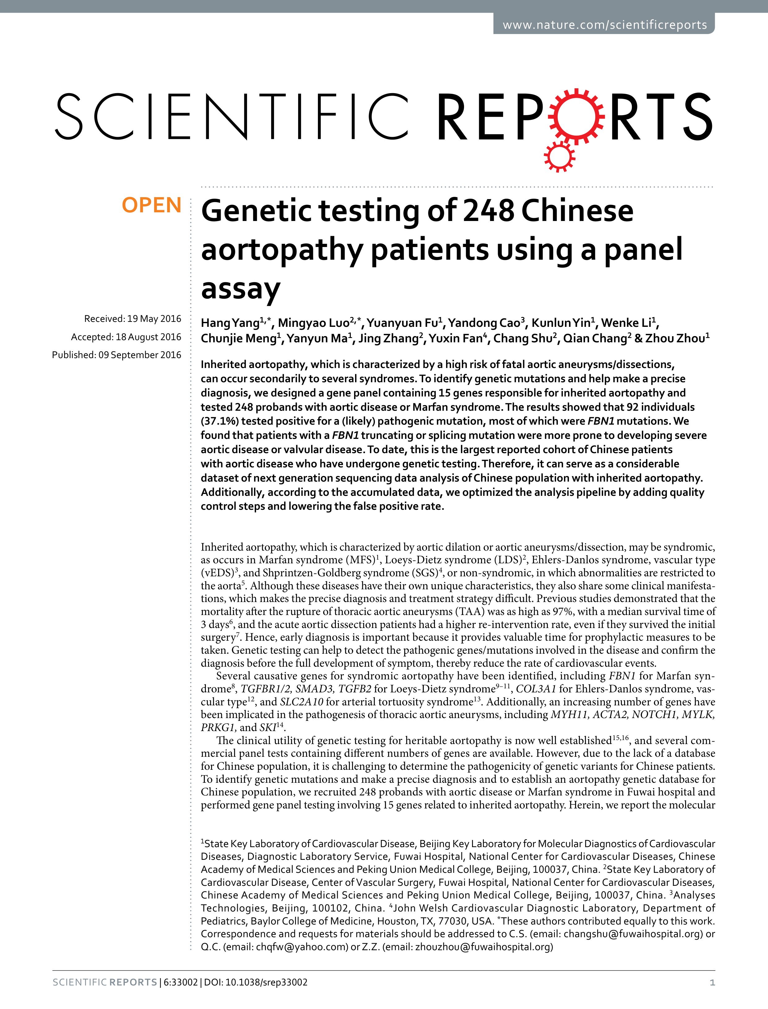 genetic testing of 248 chinese aortopathy patients using a panel assay
