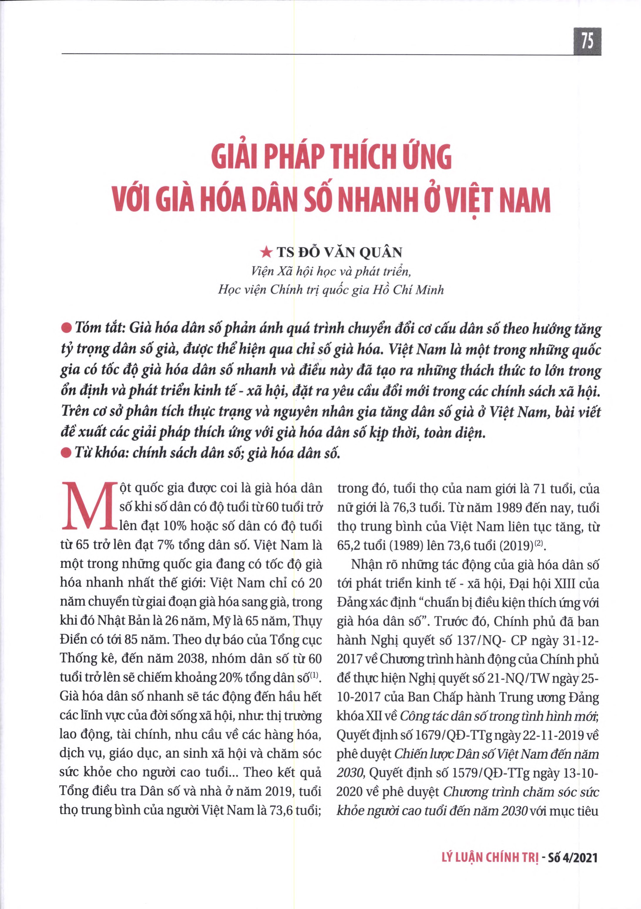 Giải pháp thích ứng với già hóa dân số nhanh ở Việt Nam