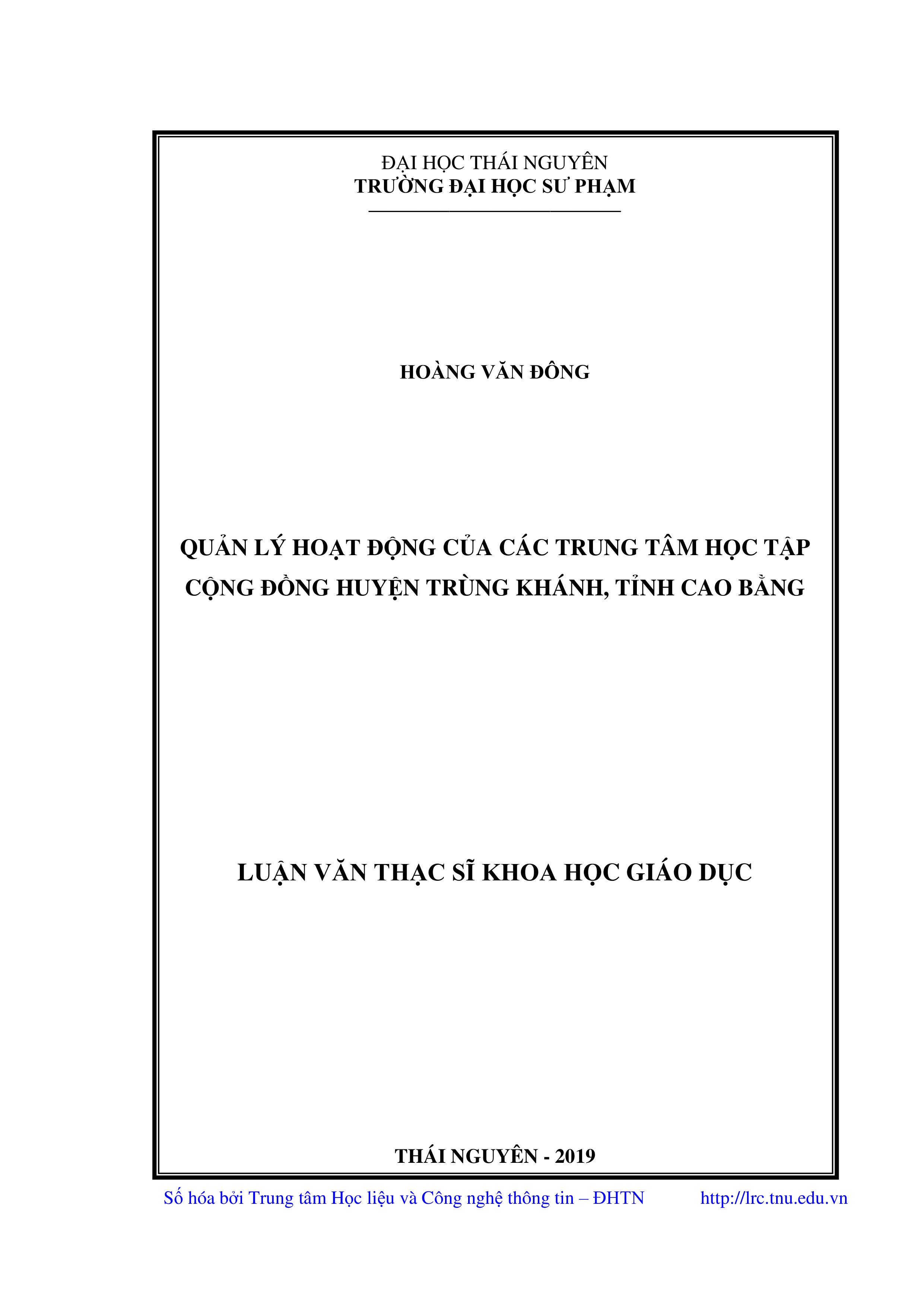 Quản lý hoạt động của các trung tâm học tập cộng đồng huyện Trùng Khánh, tỉnh Cao Bằng