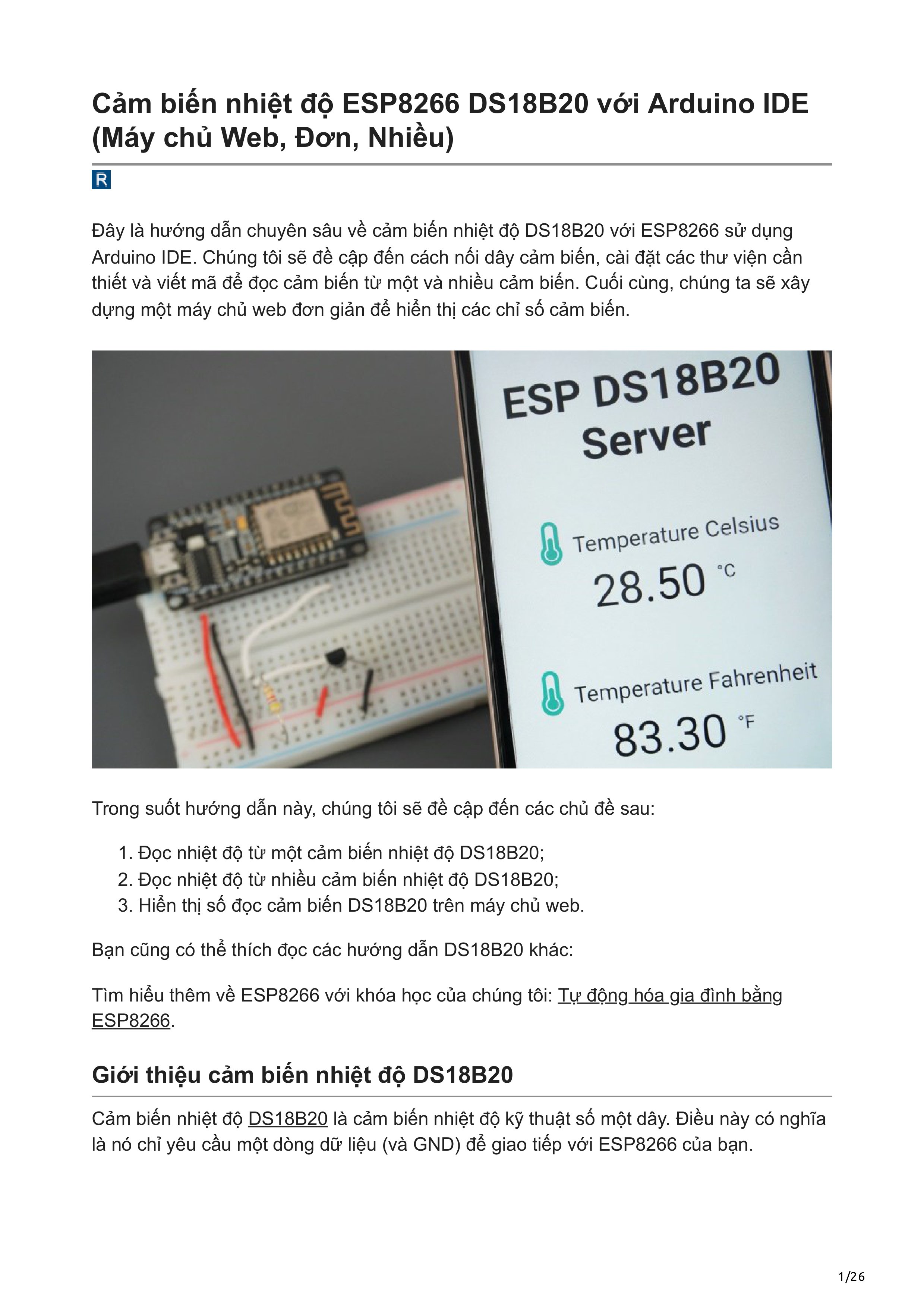 Cảm biến nhiệt độ ESP8266 DS18B20 với Arduino IDE (Máy chủ Web, Đơn, Nhiều)