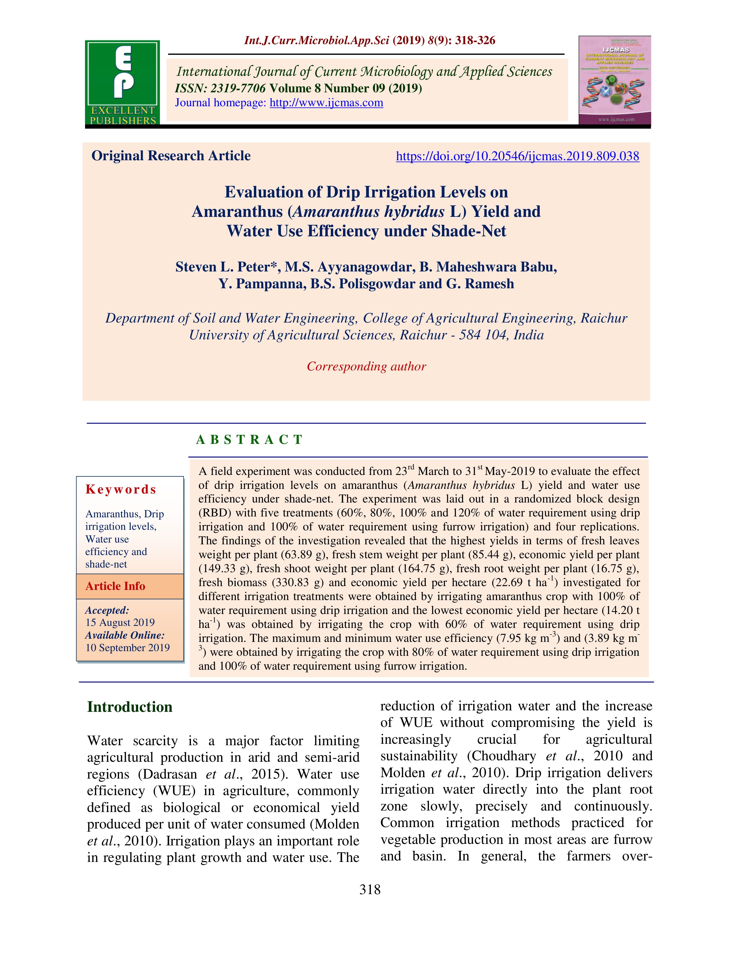 Evaluation of drip irrigation levels on amaranthus (Amaranthus hybridus L) yield and water use