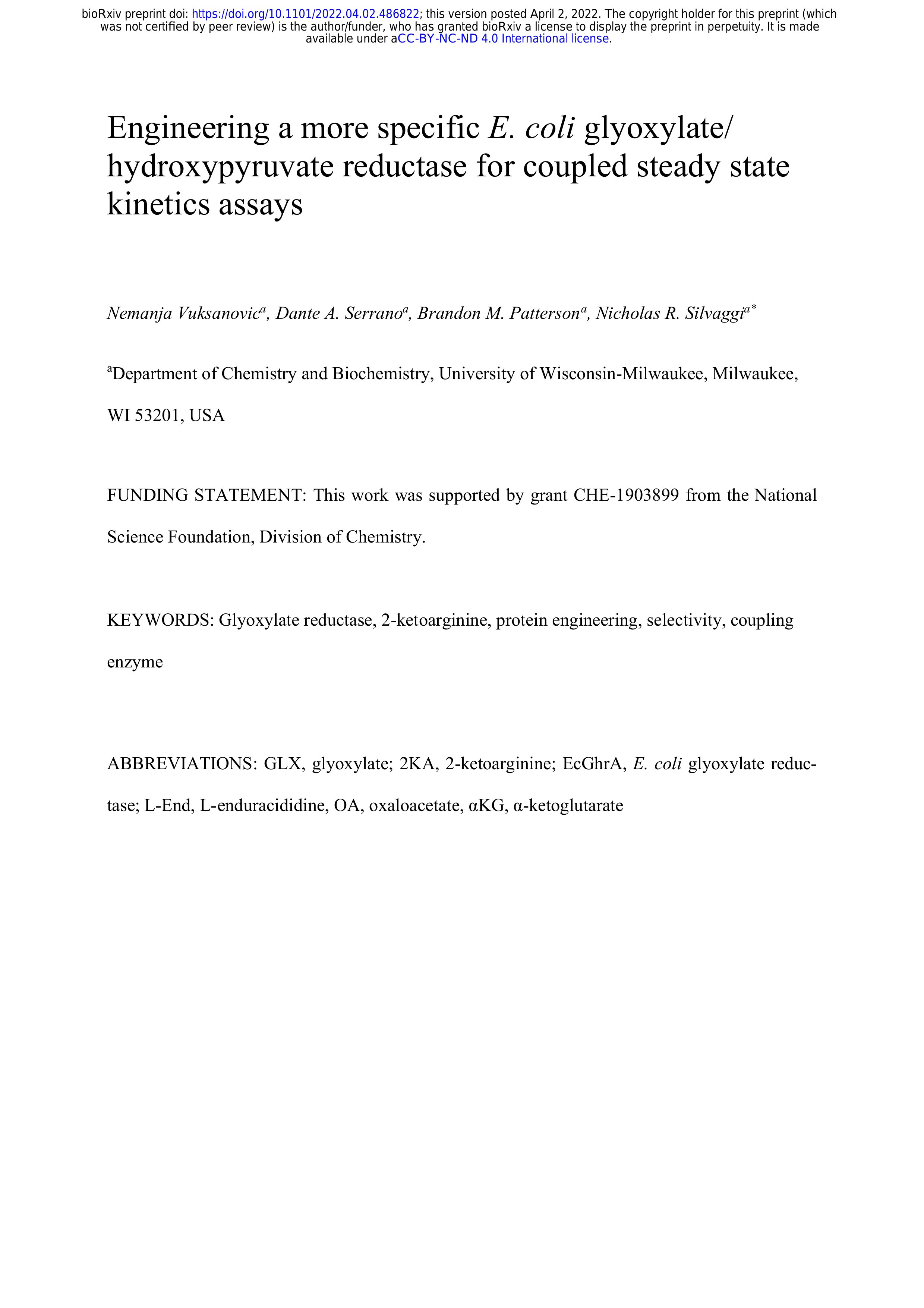 Engineering a more specific E. coli glyoxylate/hydroxypyruvate reductase for coupled steady state kinetics assays