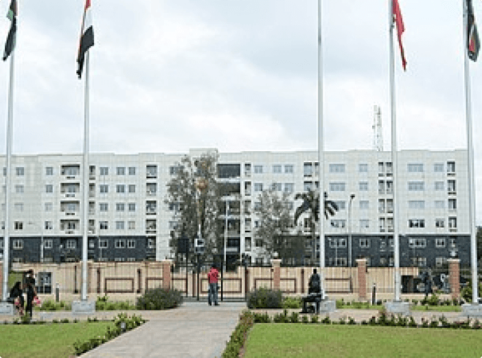 Lagos Assembly Complex with flags in front