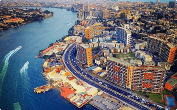 Aerial view of high-rises along the Lagos lagoon
