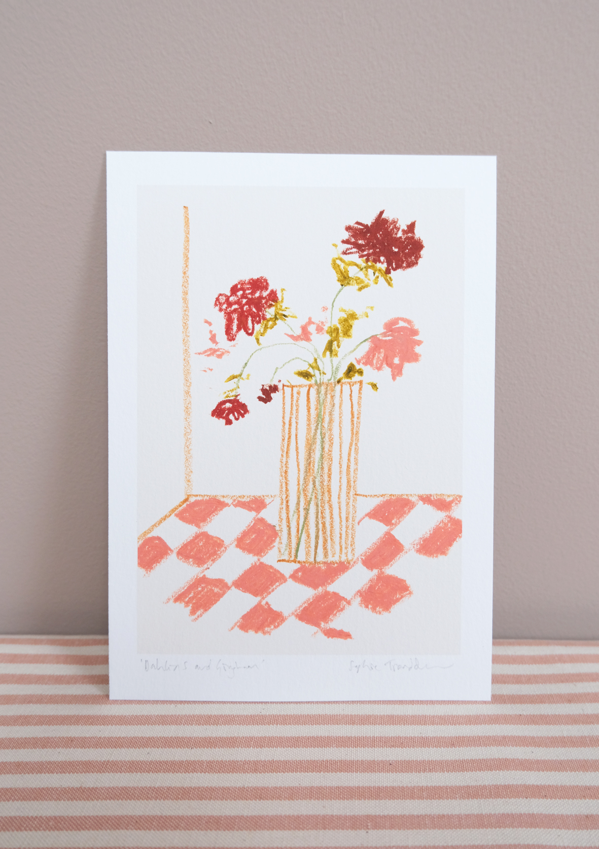 Dahlias and Gingham botanical art print
