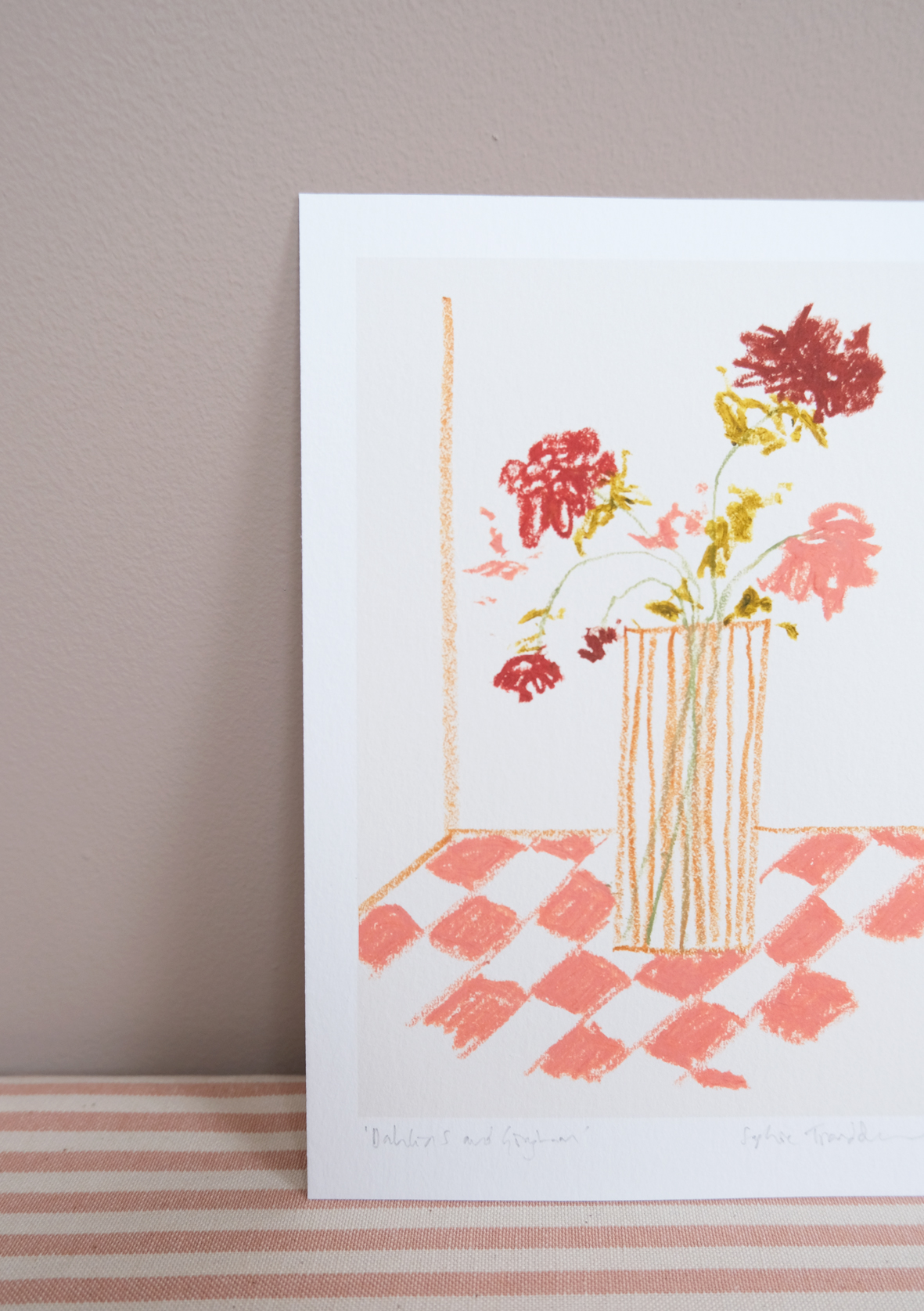 Dahlias and Gingham botanical art print