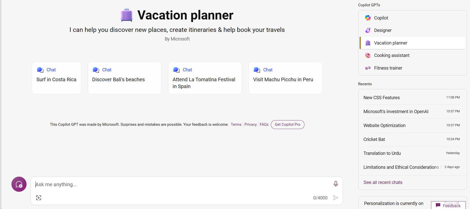 Copilot vacation planner can  help you discover new places, create intineraries & help book your travels.