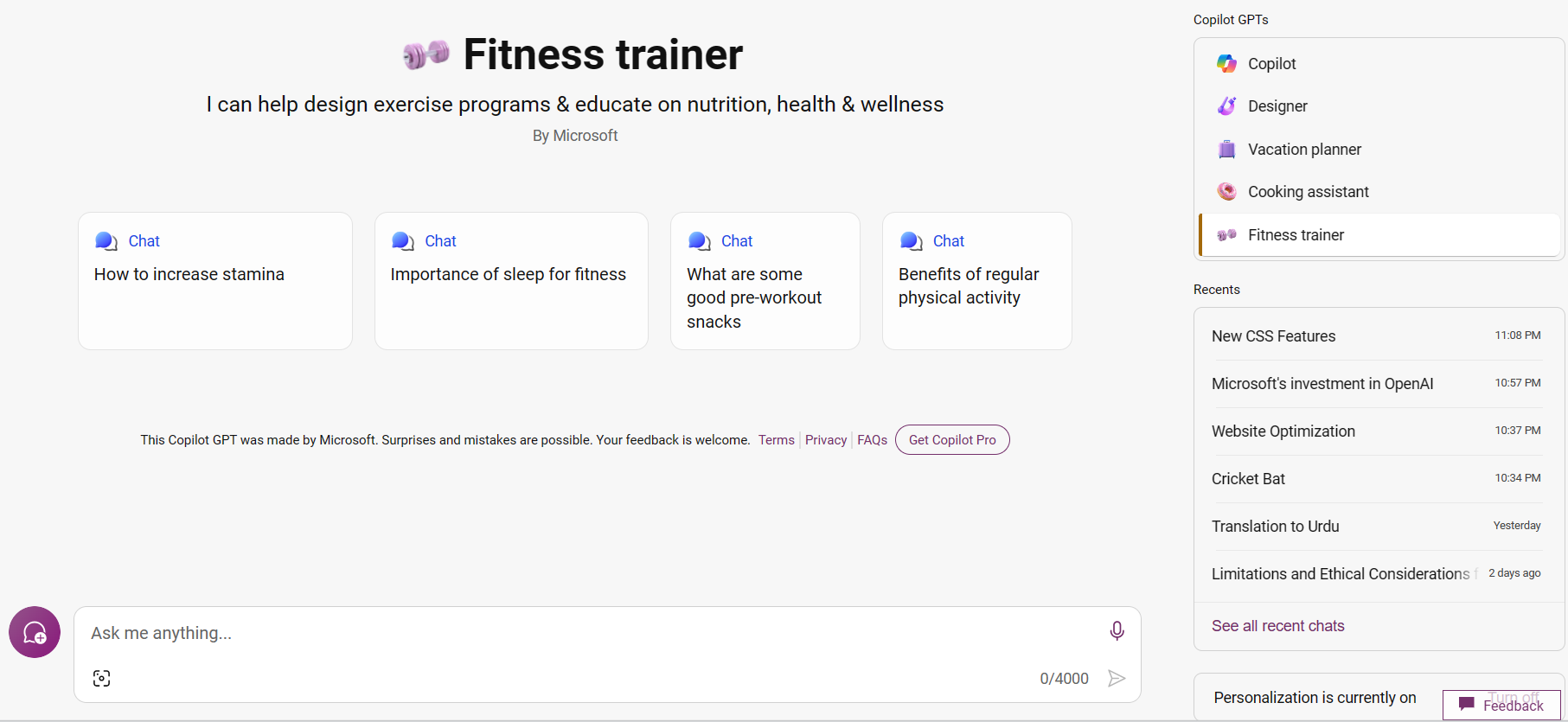 Copilot fitness trainer can help you to design exercise programs and educate on nutrition, health and wellness.