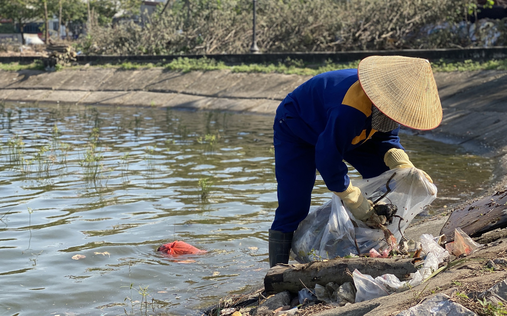 Hà Nội: Chấm dứt cảnh tụ tập câu cá tại hồ Linh Đàm- Ảnh 3. Hồ Linh Đàm ngập ngụa rác, công nhân căng mình dọn dẹp