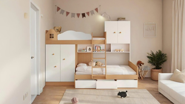 Giường ngủ thông minh 2 tầng giúp căn phòng trở nên thẩm mỹ và gọn gàng