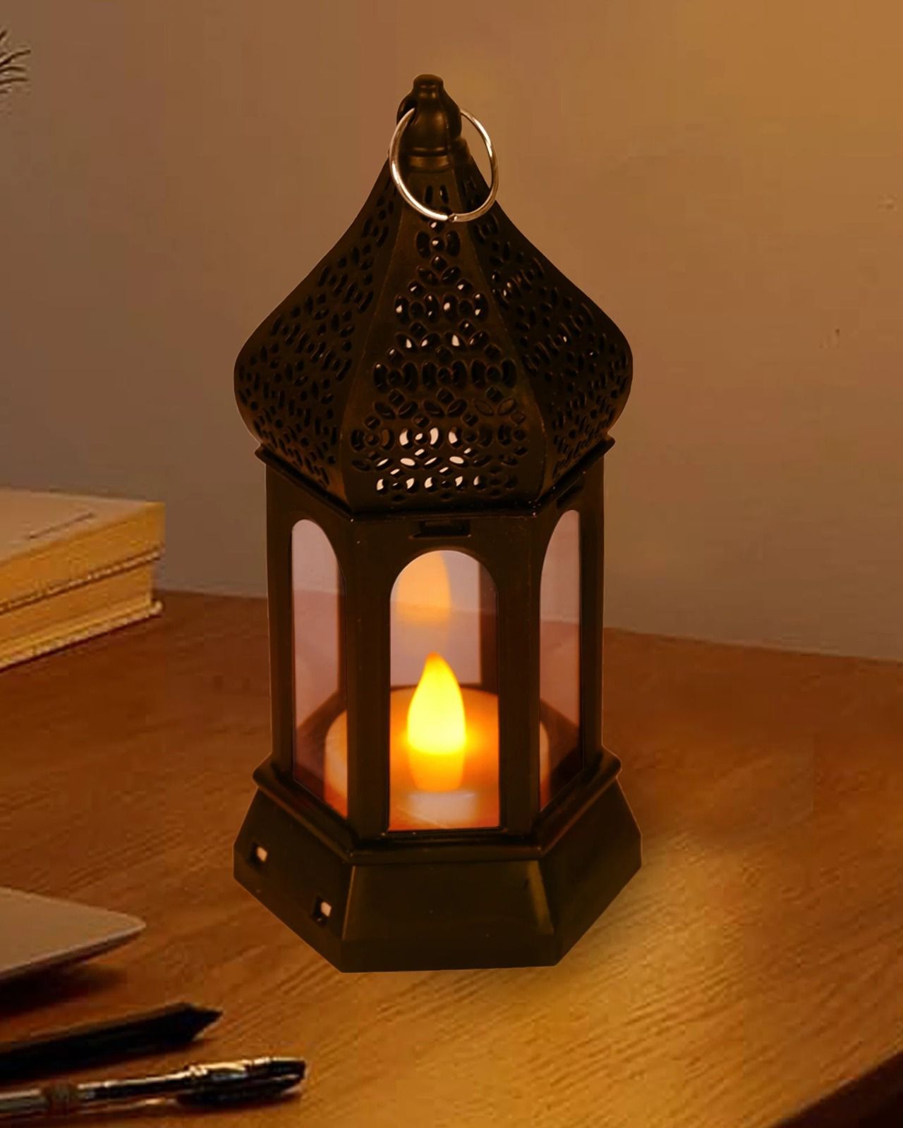Antique Black LED Candle Lantern  Vintage Hexagonal Wind Lamp  Portable Decorative Candle Lamp for Home & Gifts