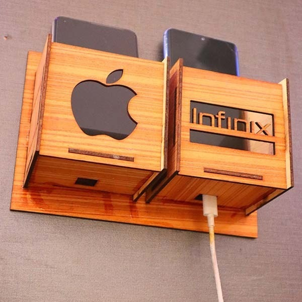 Wall Mounted Wooden Mobile Charging Holder Phone & Charger Organizer for Home & Office
