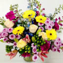 Vibrant bouquet by Birch Hill Florist featuring yellow Gerbera daisies, pink roses, blue delphiniums, and green berries.