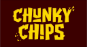 Chunky Chips! logo in bold yellow block letters on a dark brown background, with scattered crumb-like shapes.