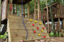 Wooden playground structure with a climbing wall and rope, surrounded by tall bamboo stalks in a forest.