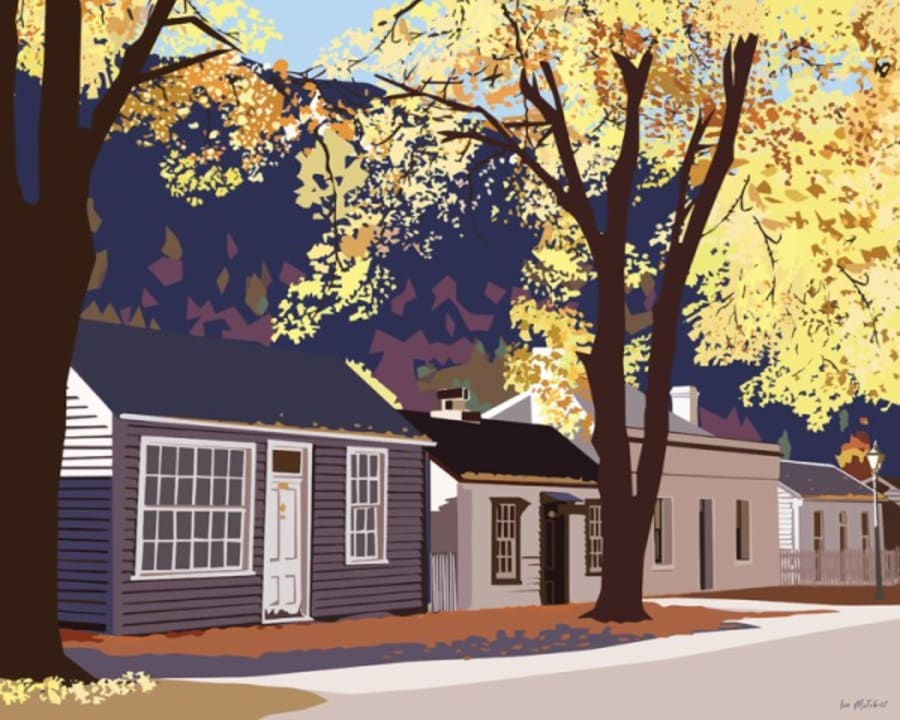 Digital illustration of an autumn street scene with old houses and golden trees, typical of New Zealand towns, by Art by Ira.