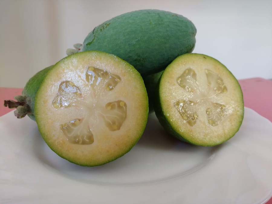 Freshly harvested feijoa fruits, whole and halved, on a white plate. Southern Bell Orchard's produce for Cambridge Farmers' Market.