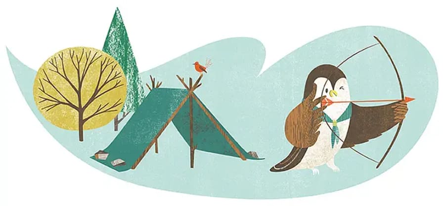 Cartoon illustration of a penguin archer aiming a bow and arrow next to a green tent and trees.