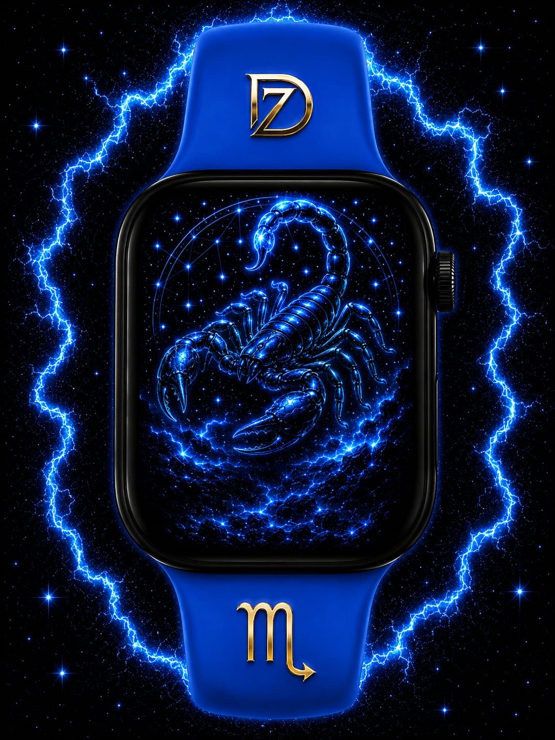 DOZ smartwatch, Scorpio edition, blue electric lightning constellation on black case