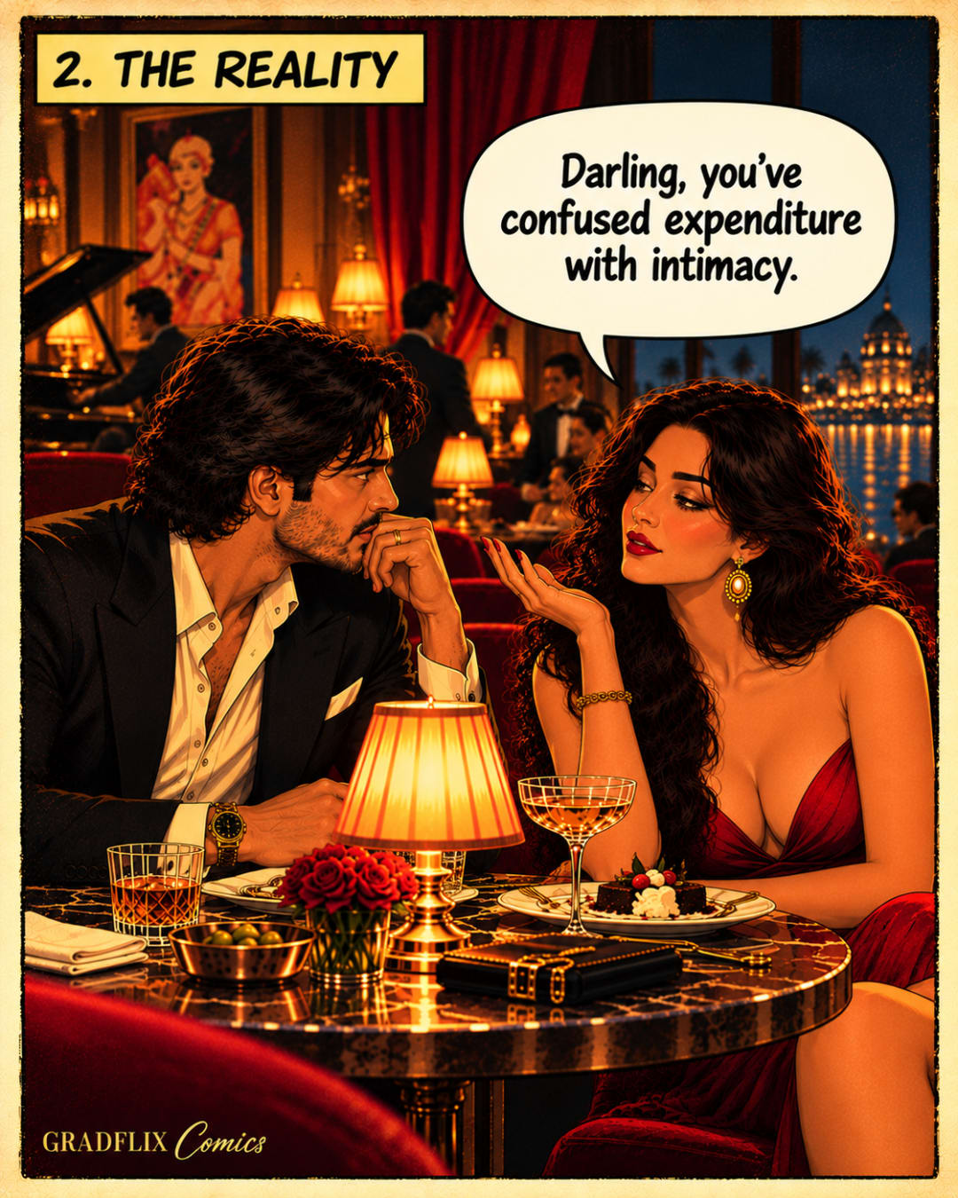 The woman, unimpressed, gestures lightly as the man rests his chin on his hand