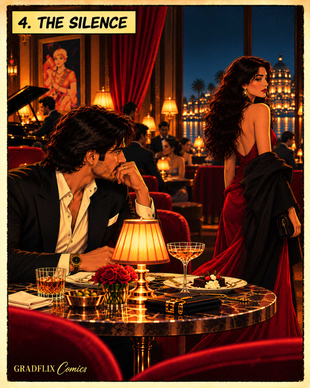 The woman turns to leave in a long red gown while the man stays at the table, hand over his mouth